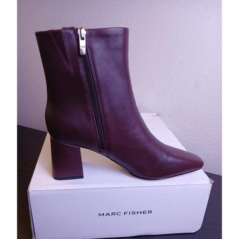 Marc Fisher Ulani Dark Red Leather Pointed Toe Block Heel Ankle Boots Women NEW